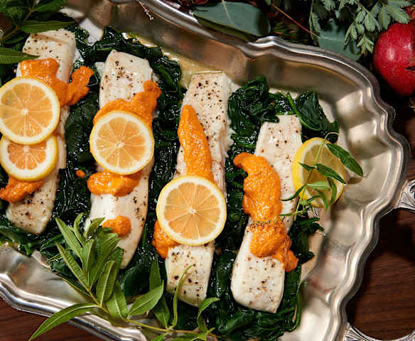 Steamed Halibut with Romesco Sauce (Bill Yosses)