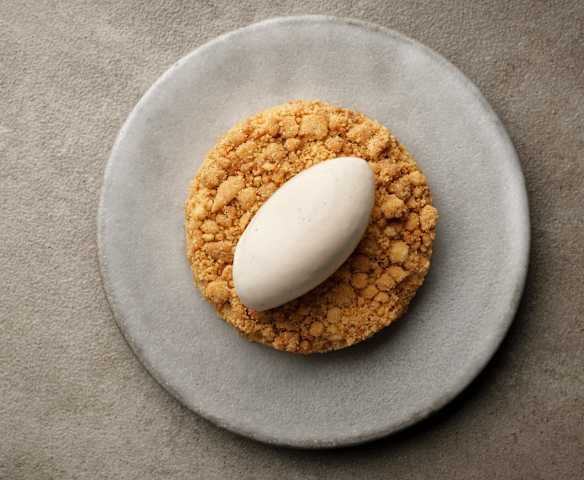 Baked Quince Crumble with Meadowsweet Ice Cream