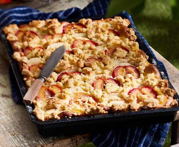 Apfel-Pflaumen-Kuchen mit Pudding und Streuseln