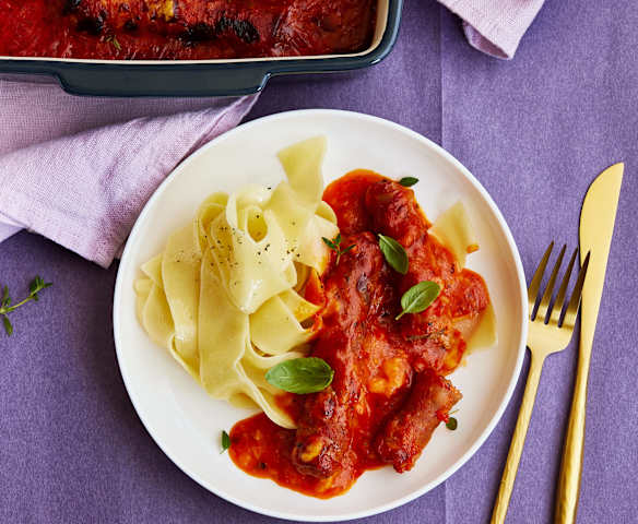 Schinken-Hack-Röllchen mit Nudeln