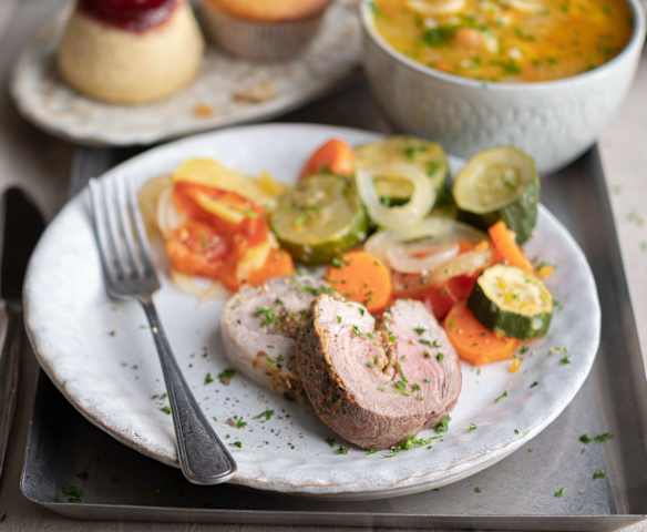 Minestrone, Pork Roll with Vegetables, Steamed Raspberry Puddings, Berry Muffins