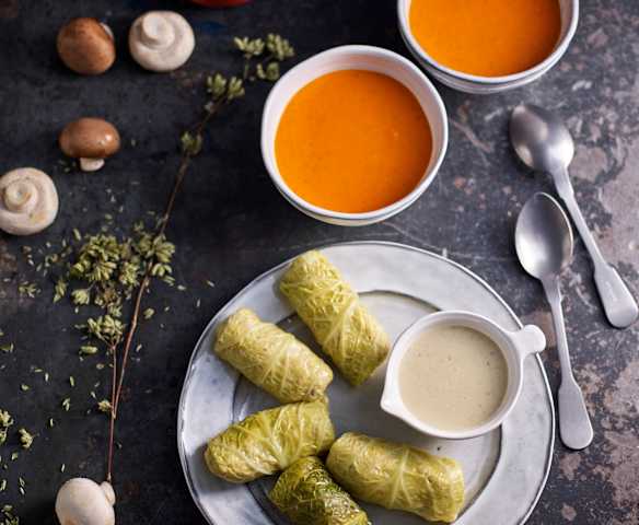 Creamy Tomato Soup; Millet-stuffed Cabbage Rolls with Mushroom Sauce