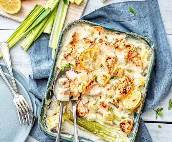 Gratin de poireau, panais et saumon