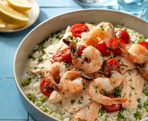 Trio van rijst, vis en groenten