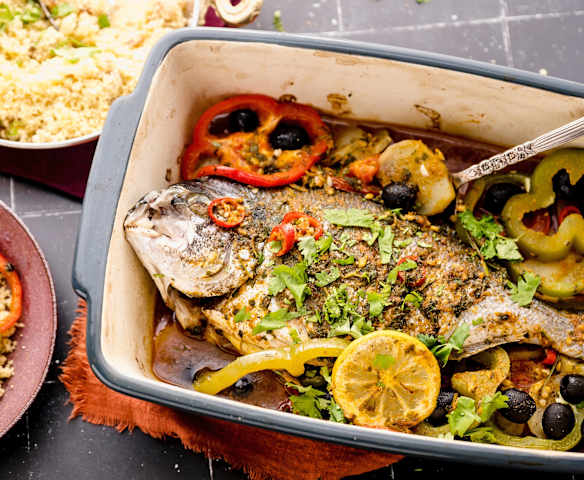 Moroccan-style Baked Fish Tagine with Date Couscous
