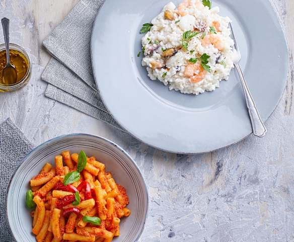 Risotto ai frutti di mare e Sedanini alla crema di peperoni (Bimby Friend)