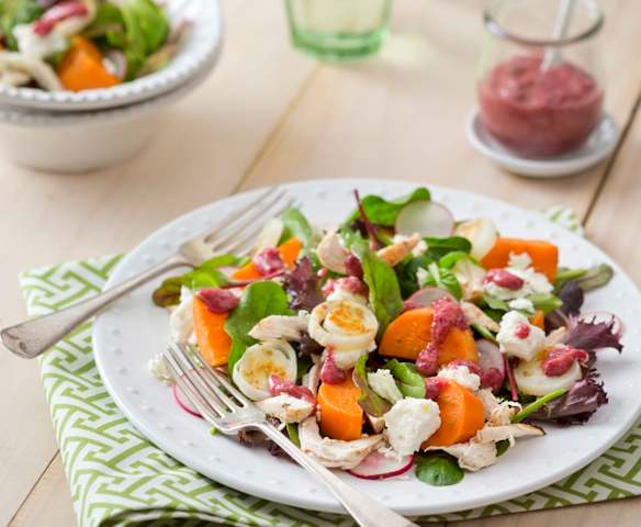 Shredded chicken and sweet potato salad with cranberry dressing