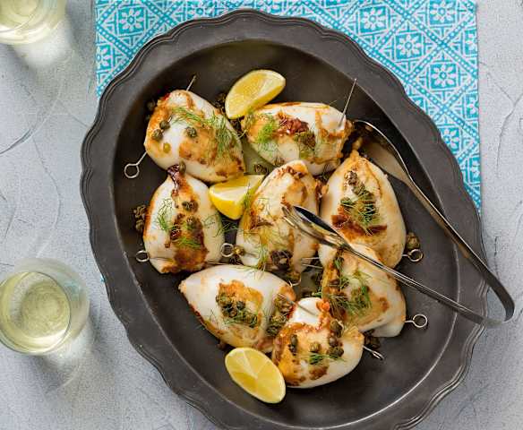 Calamari ripieni with lemon butter and crispy capers