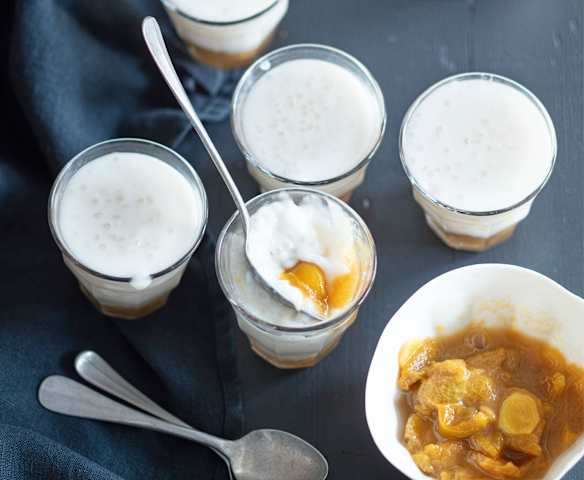 Menu veggie - Perles du Japon, lait d'amande, compotée de mirabelles