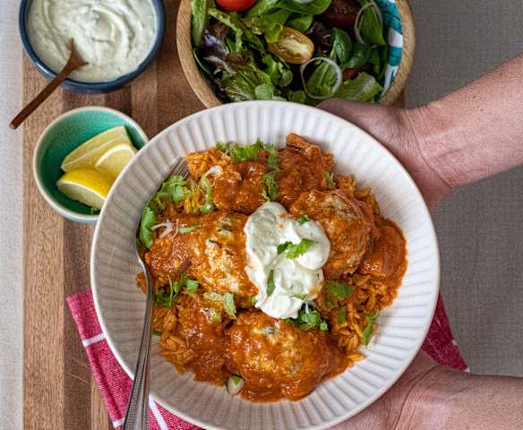 Chicken meatballs in smoky tomato and eggplant sauce
