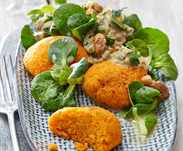 Süßkartoffelklöße auf Porree-Pilz-Ragout