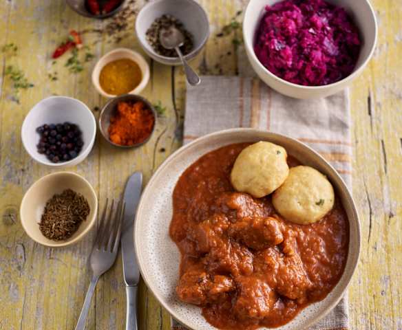 Beef Goulash with Bread Dumplings and Red Cabbage