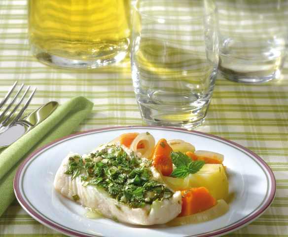Merluzzo agli aromi, con zucca e patate