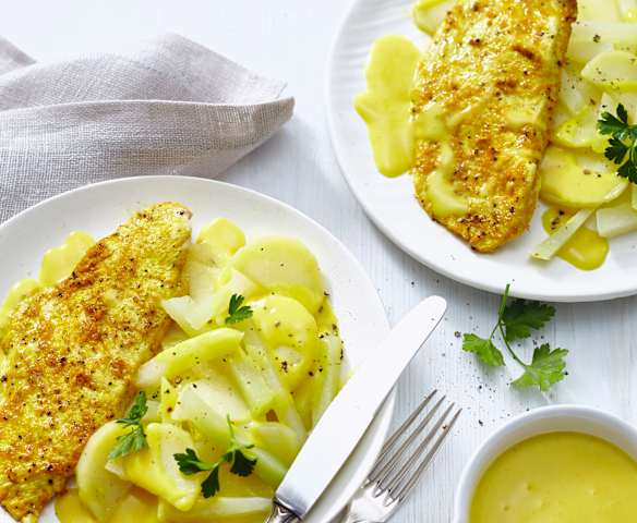 Orangen-Pute mit Kartoffeln und Kohlrabi