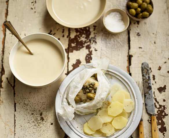 Sopa de nabo e alho & Papelotes de bacalhau com batata, azeitonas e alcaparras