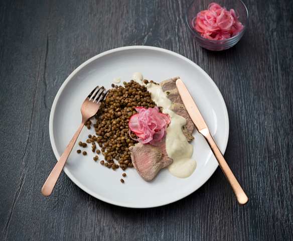 Pork and lentils with onion and radish pickle