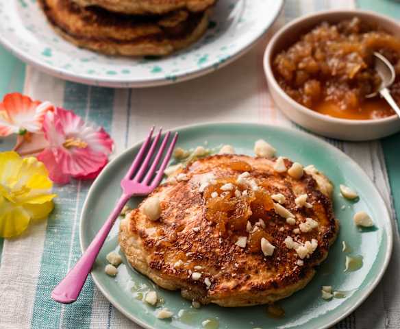 Fluffy Hawaiian Pancakes with Pineapple Sauce
