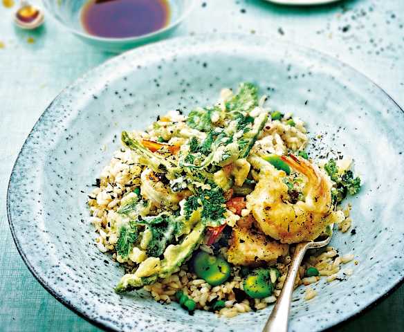 Donburi aux tempura de crevettes et wakamé