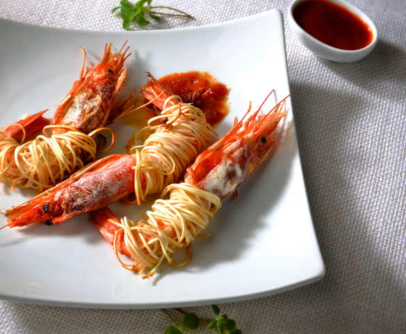 Mazzancolle in crosta con salsa agrodolce