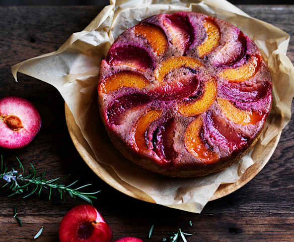 Peach and plum upside-down cake