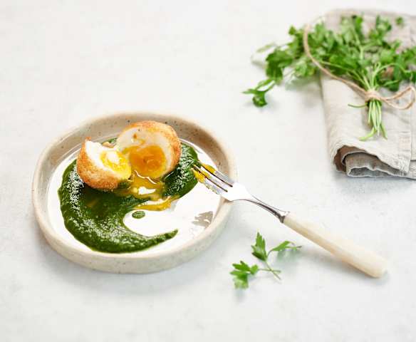 Œuf de ferme coulant et chlorophylle de blette (Nicolas Masse)