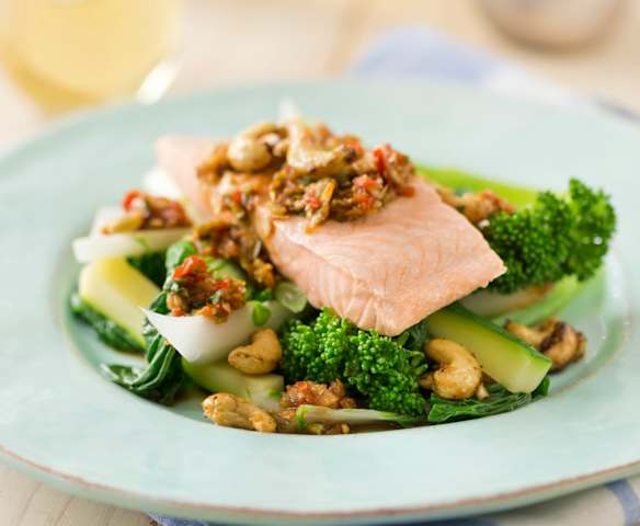 Salmon with Ginger Sauce and Spiced Cashews