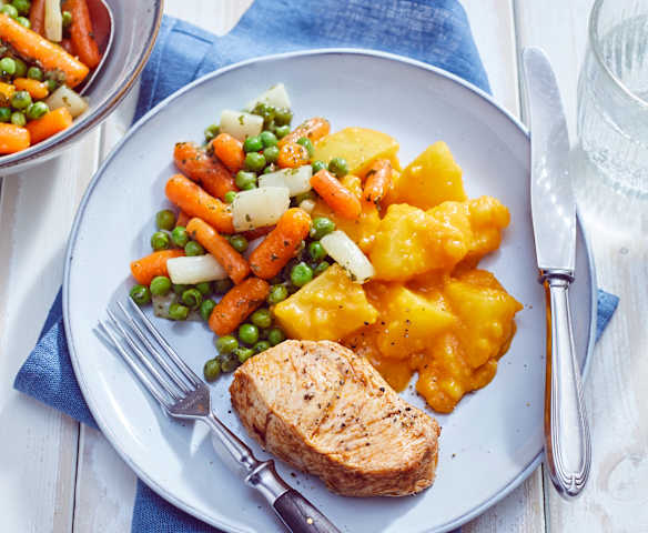 Pute mit Rahmkartoffeln und Gemüsemix