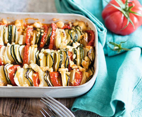 Tian légumes-feta et compotée de poivrons