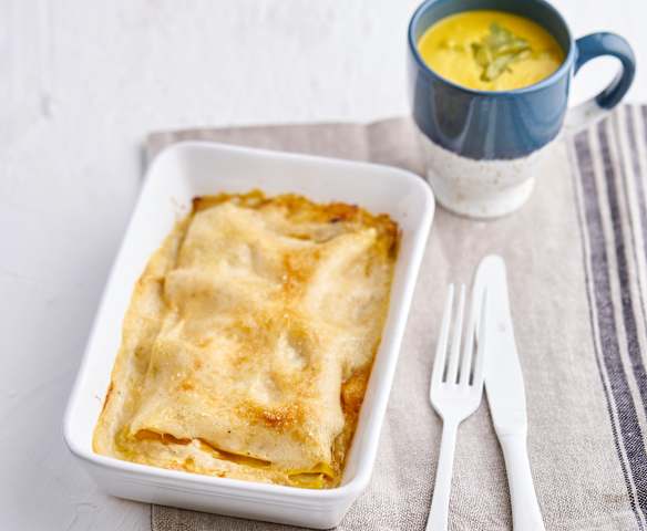 Creme de chuchu e feijão-verde e lasanha de abóbora e cogumelos