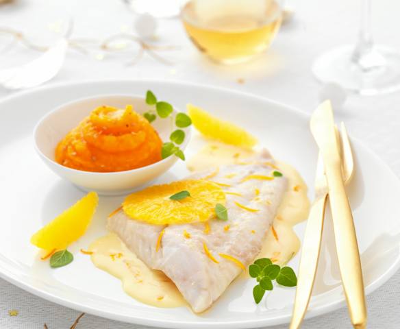 Turbot au beurre d'orange et purée carotte-coco