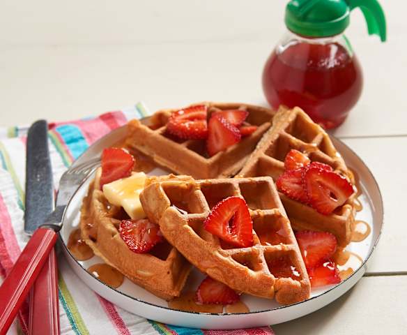 Peanut Butter Waffles with Jammy Maple Syrup Peanut Butter Waffles with Jammy Maple Syrup