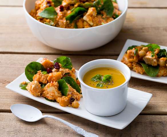 Moroccan chicken and couscous salad with sweet potato soup
