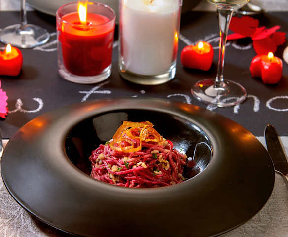 Tagliolini alla barbabietola con porri e scorfano (per 2 persone)
