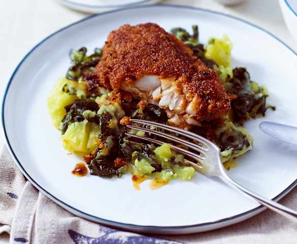 Spinat-Kartoffeln mit paniertem Rotbarsch Spinat-Kartoffeln mit paniertem Rotbarsch