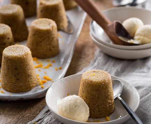 Steamed orange puddings with almond milk ice cream