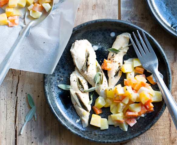 Poulet à la sauge, légumes à la crème