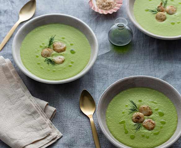 Pea and lettuce soup with scallops