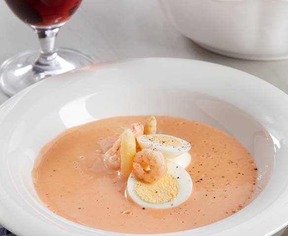 Crema de espárragos y gambas