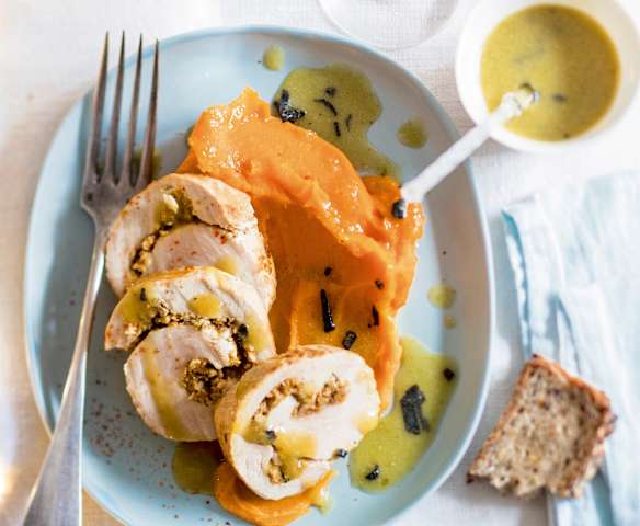 Menu gourmand - Ballotine de dinde aux champignons, purée de patates douces et jus aux truffes