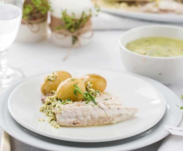 Lubina al vapor con salsa gribiche