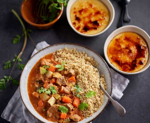 Couscous with Lamb and Vegetable Ragout; Crema Catalana