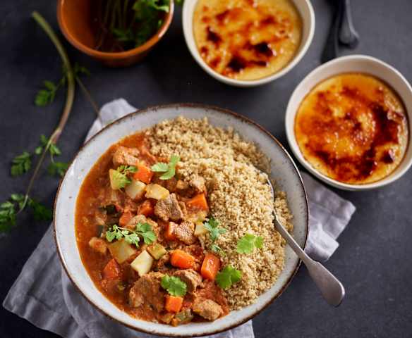 Menù: Cous cous di agnello con verdure e crema catalana (Bimby Friend)