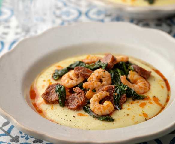 Polenta with Prawns, Chorizo and Spinach