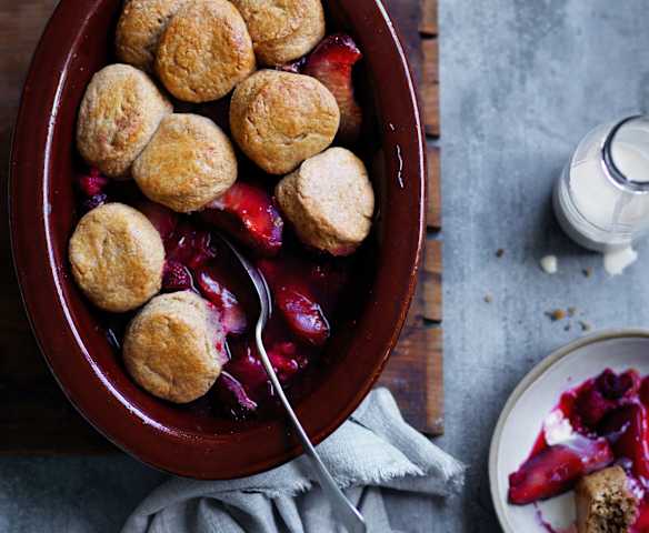 Plum and raspberry cobbler