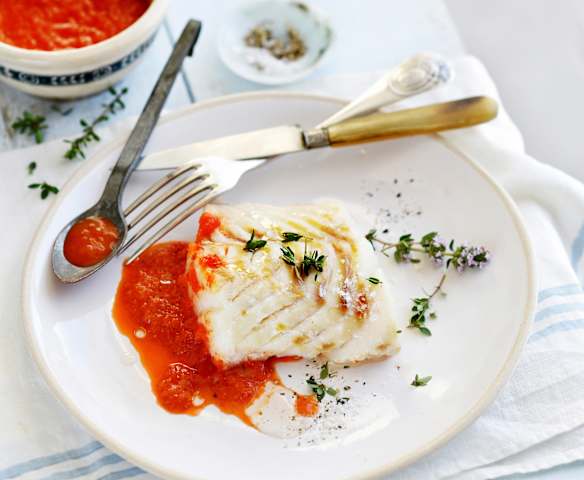 Pavés de cabillaud, coulis de poivrons