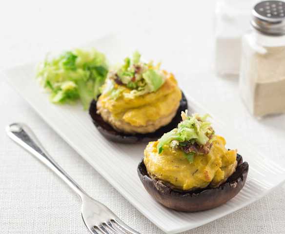 Stuffed Portobello mushrooms with caramelised Brussels sprouts