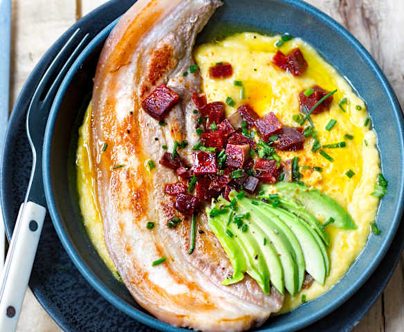 Poitrine de porc, chorizo et purée de maïs Poitrine de porc, chorizo et purée de maïs