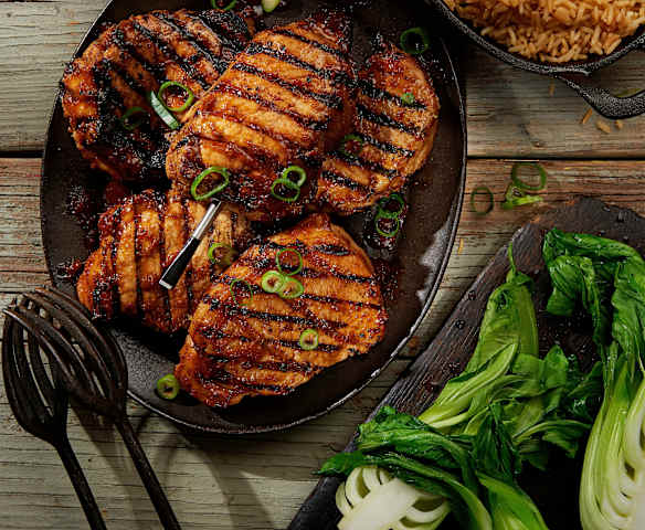 Korean Style Pork Chops with Spicy Rice and Steamed Bok Choy