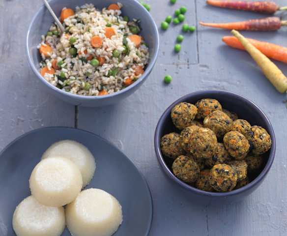Almôndegas de tofu com arroz integral & quindim vegan Almôndegas de tofu com arroz integral & quindim vegan