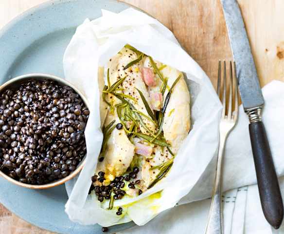 Papillotes de poulet aux poireaux et lentilles